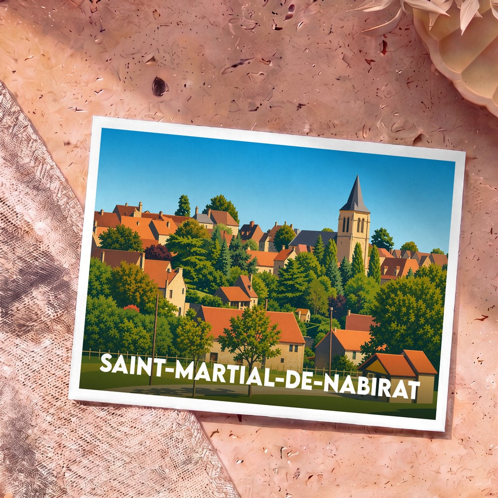 Carte postale souvenir de la ville de Saint-Martial-de-Nabirat avec une illustration stylisée du village.