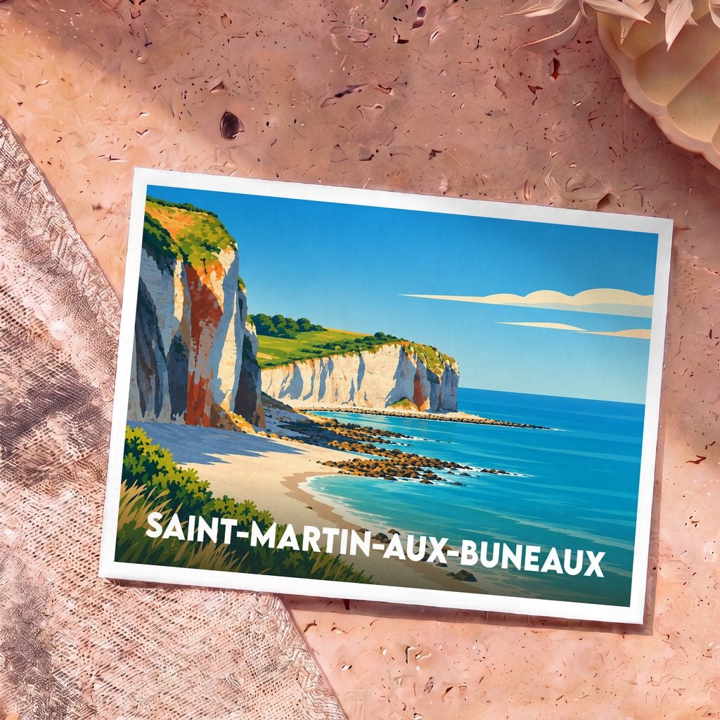 Carte postale souvenir de la ville de Saint-Martin-aux-Buneaux avec une illustration stylisée de ses falaises et de sa plage.