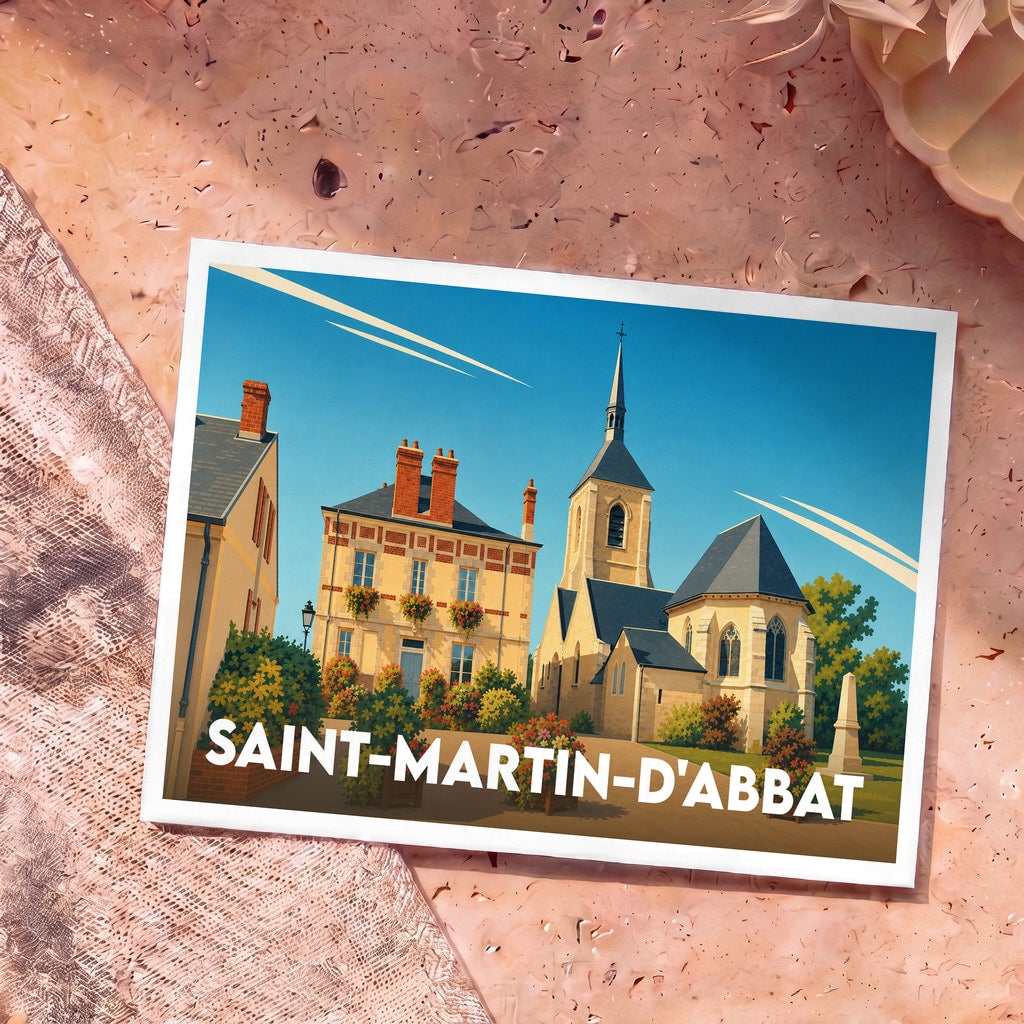 Carte postale souvenir de la ville de Saint-Martin-d'Abbat avec une illustration stylisée de son église et de ses maisons fleuries.