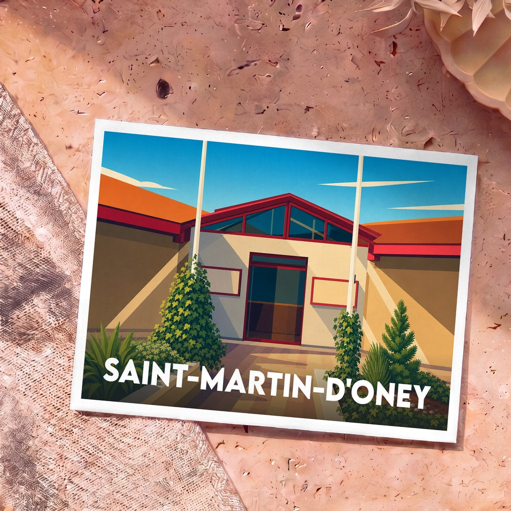 Carte postale souvenir de la ville de Saint-Martin-d'Oney avec une illustration stylisée de sa mairie.