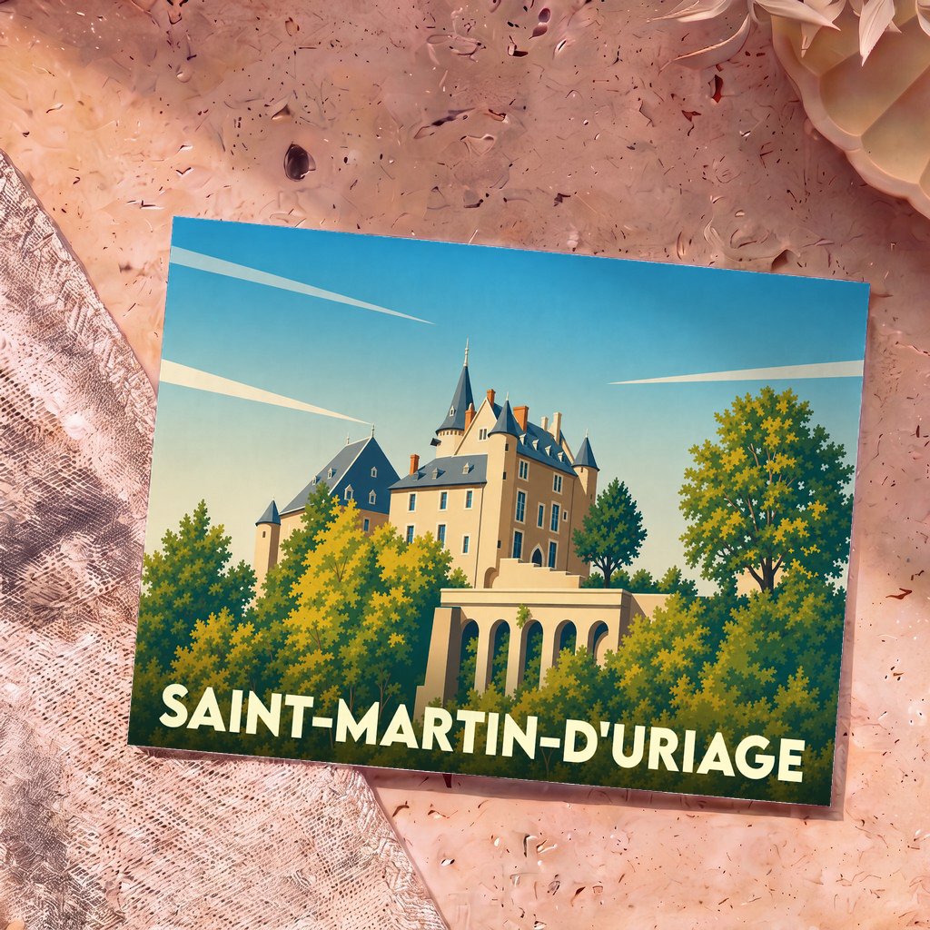 Carte postale souvenir de la ville de Saint-Martin-d'Uriage avec une illustration stylisée de son château.