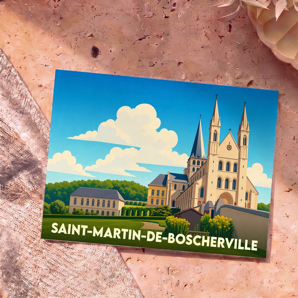 Carte postale souvenir de Saint-Martin-de-Boscherville arborant une illustration stylisée de son abbaye sous un ciel azur.