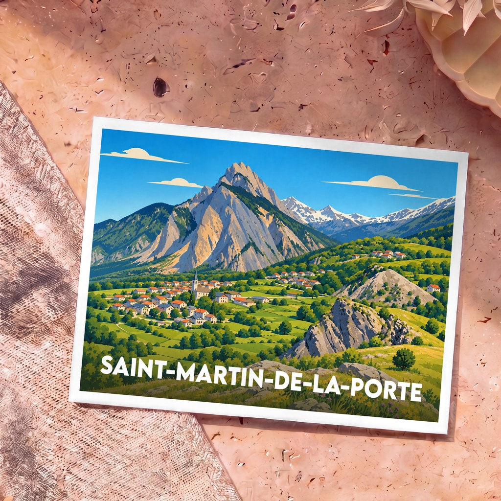 Carte postale souvenir de la ville de Saint-Martin-de-la-Porte avec une illustration stylisée de ses montagnes et de son village.