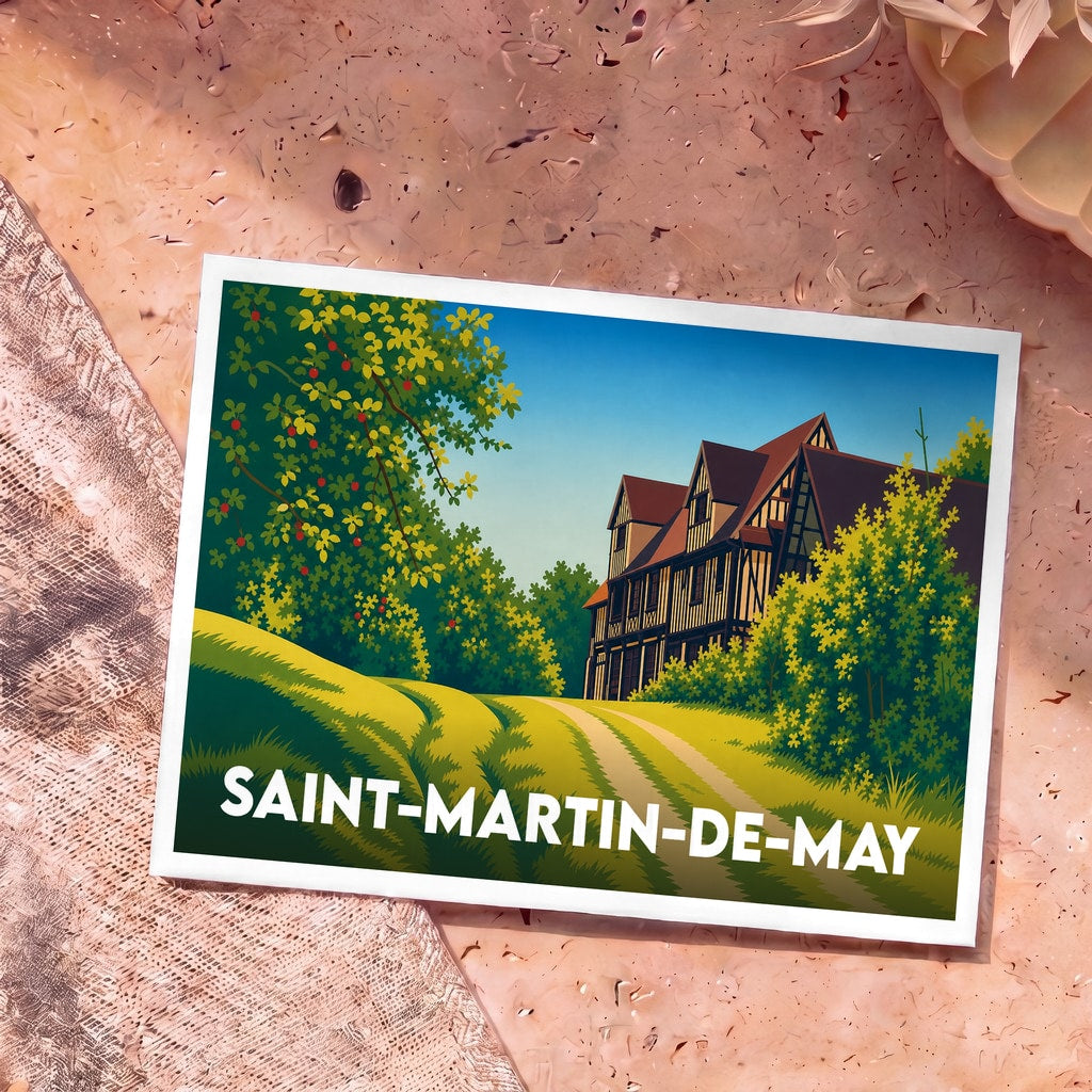 Carte postale souvenir de Saint-Martin-de-May avec une illustration stylisée d'un manoir normand à colombages.