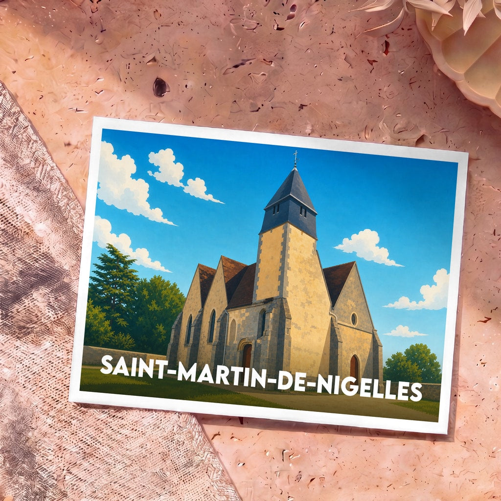 Carte postale souvenir de la ville de Saint-Martin-de-Nigelles avec une illustration stylisée de son église.