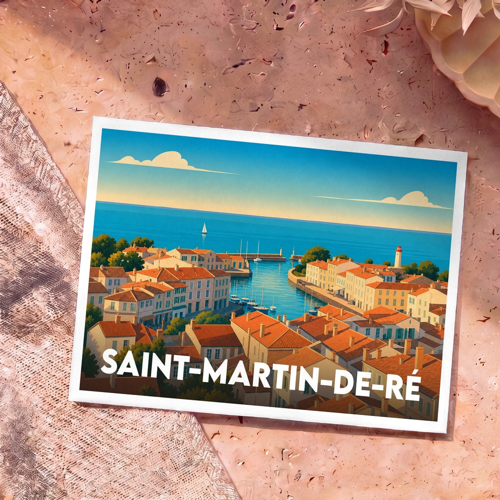 Carte postale souvenir de la ville de Saint-Martin-de-Ré illustrant son port et ses maisons typiques dans un style graphique épuré.