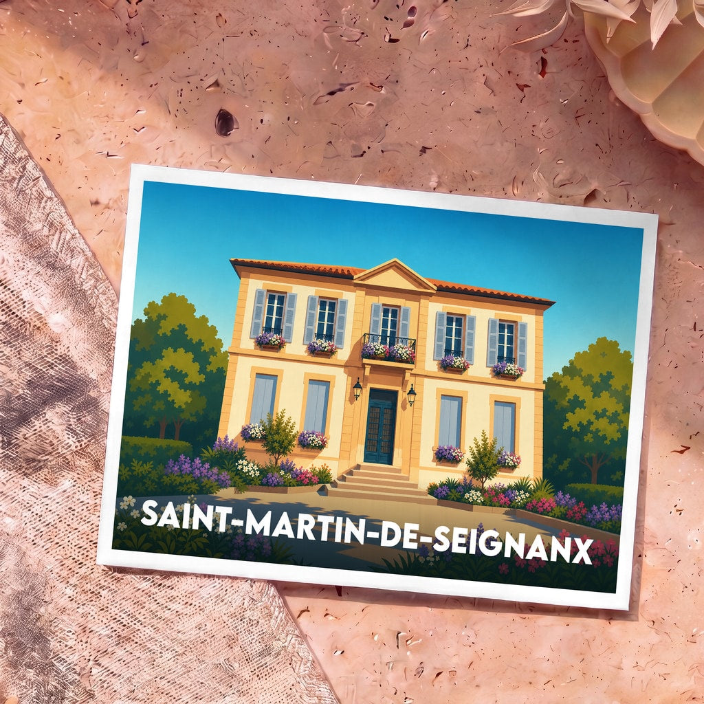 Carte postale souvenir de la ville de Saint-Martin-de-Seignanx avec une illustration stylisée d'une maison traditionnelle fleurie.