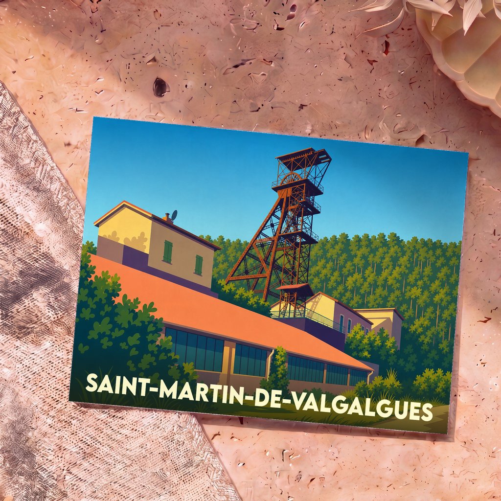 Carte postale souvenir de la ville de Saint-Martin-de-Valgalgues illustrant son chevalement minier dans un style épuré.