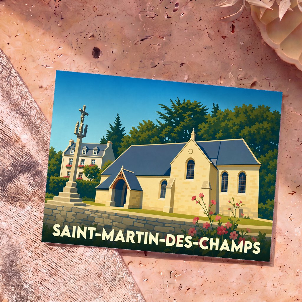 Carte postale souvenir de la ville de Saint-Martin-des-Champs avec une illustration stylisée d'une église et d'un calvaire.