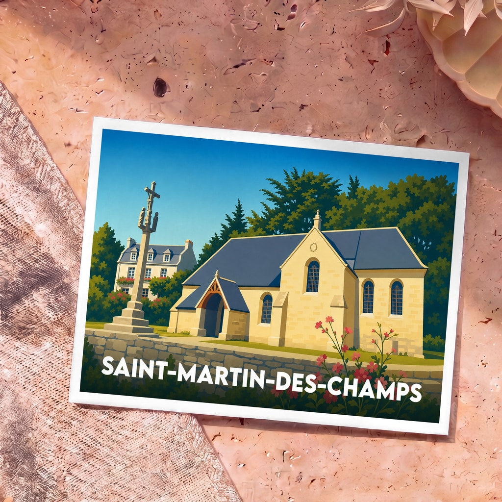 Carte postale souvenir de la ville de Saint-Martin-des-Champs avec une illustration stylisée d'une église et d'un calvaire.