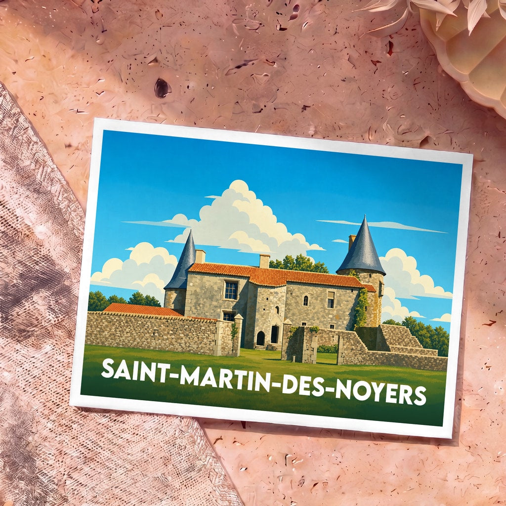 Carte postale souvenir de la ville de Saint-Martin-des-Noyers avec une illustration stylisée d'un château médiéval.
