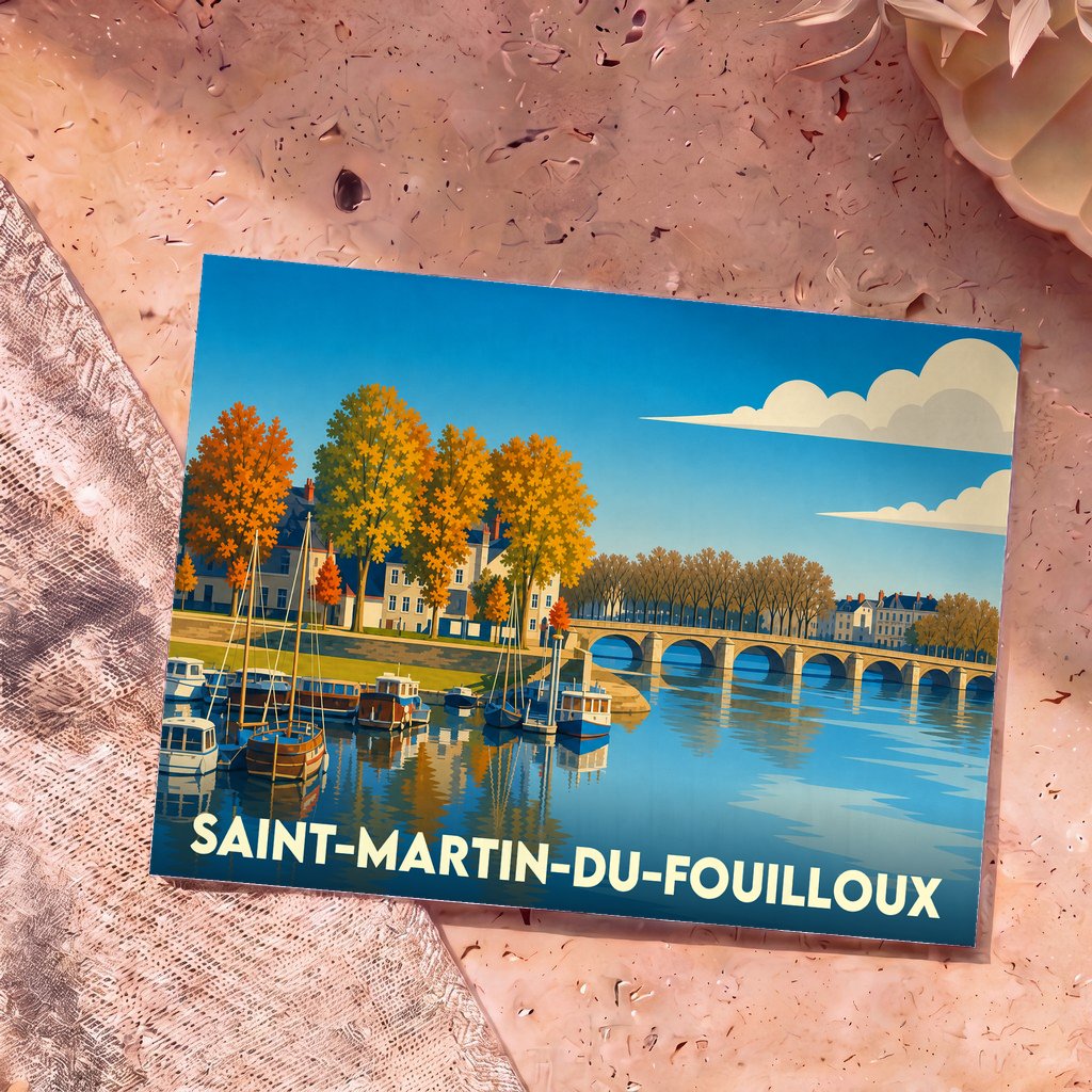 Carte postale souvenir de la ville de Saint-Martin-du-Fouilloux avec une illustration stylisée d'un port fluvial en automne.