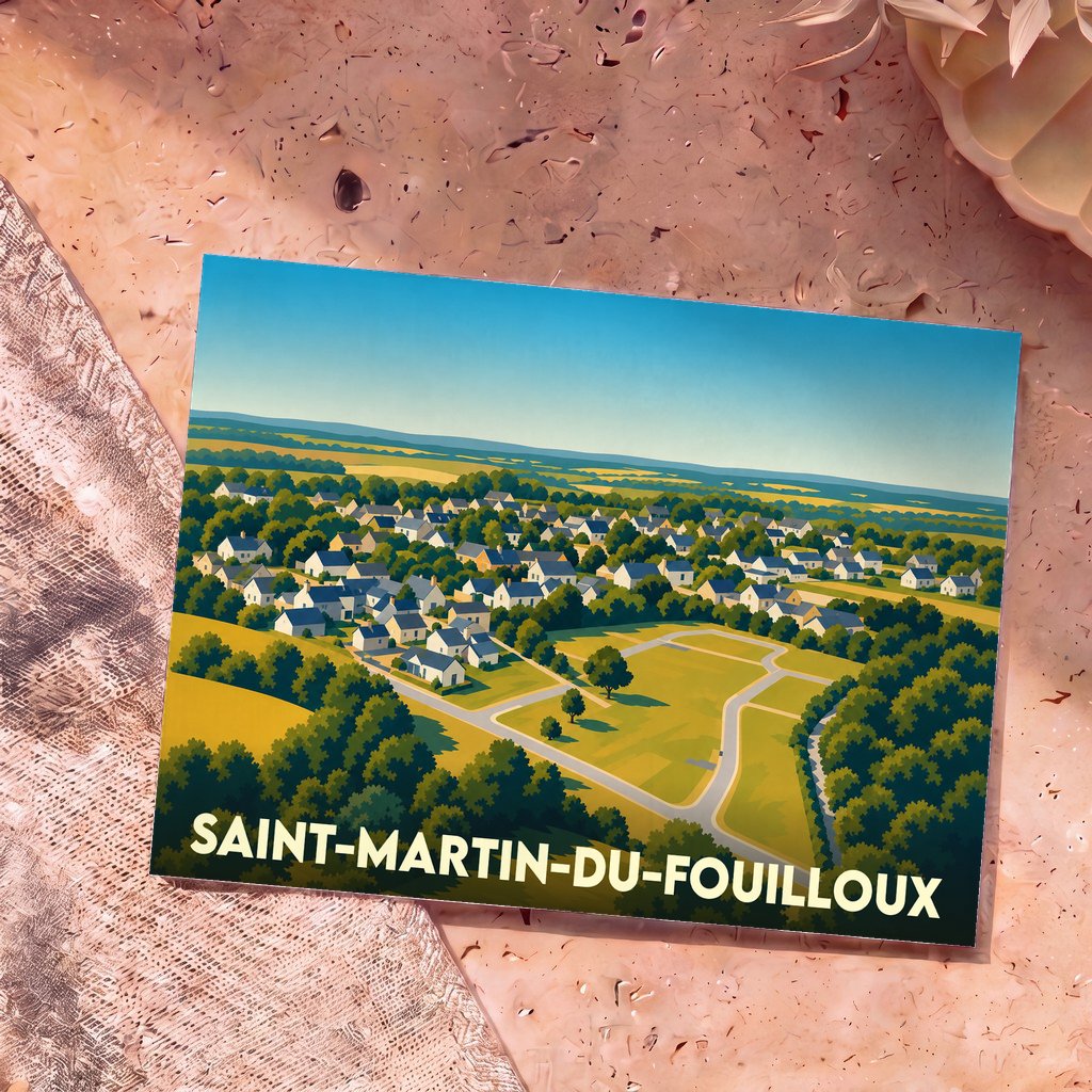 Carte postale souvenir de la ville de Saint-Martin-du-Fouilloux avec une illustration aérienne et stylisée de ses habitations.
