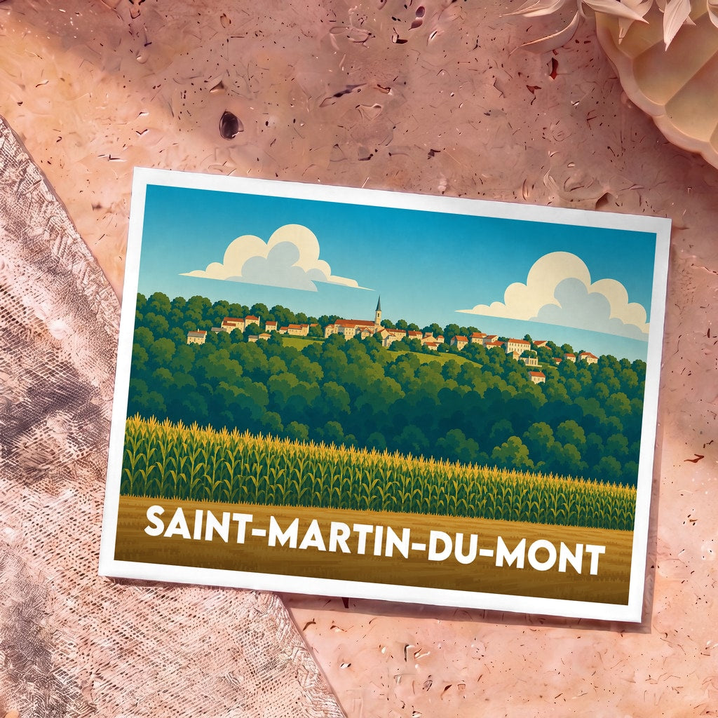 Carte postale souvenir de la ville de Saint-Martin-du-Mont avec une illustration stylisée d'un village sur une colline boisée.