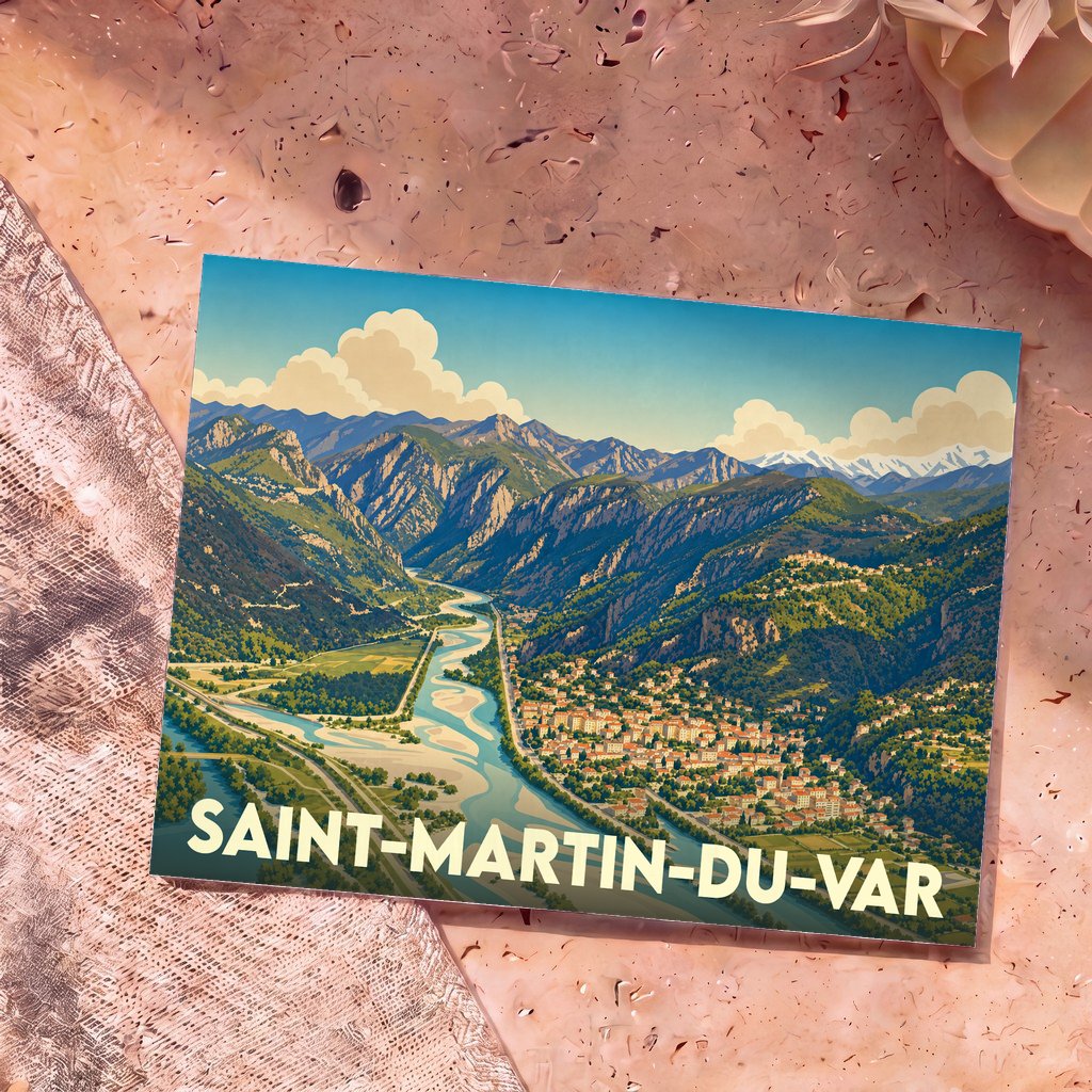 Carte postale souvenir de la ville de Saint-Martin-du-Var avec une illustration panoramique de sa vallée.