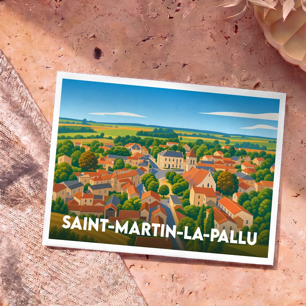 Carte postale souvenir de la ville de Saint-Martin-la-Pallu avec une illustration stylisée et colorée de ses paysages.