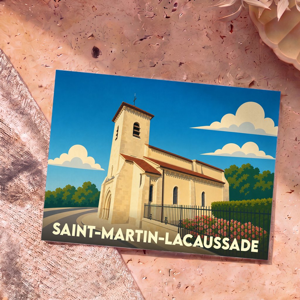 Carte postale souvenir de la ville de Saint-Martin-Lacaussade avec une illustration stylisée de son église sous un ciel bleu.