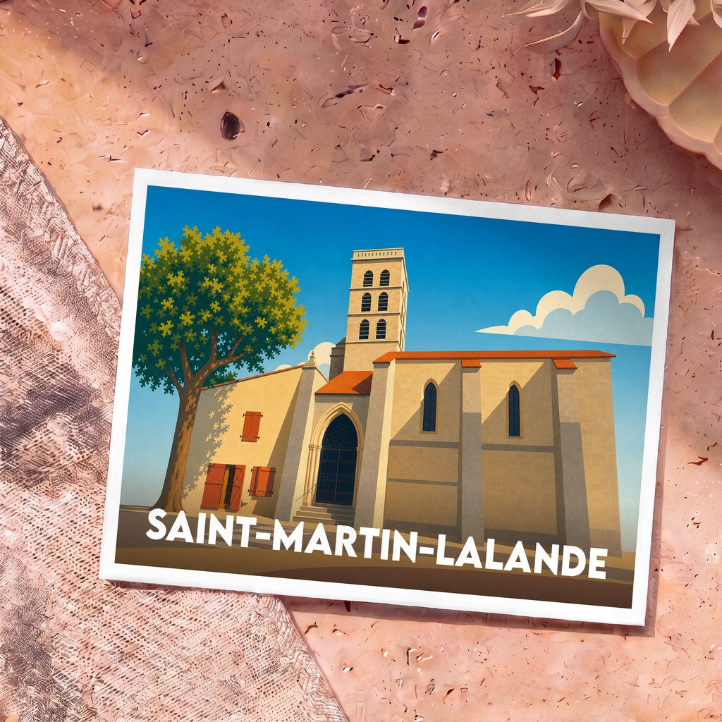 Carte postale souvenir de la ville de Saint-Martin-Lalande avec une illustration stylisée de son église sous un ciel bleu.