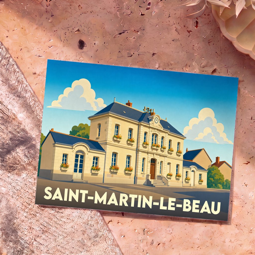 Carte postale souvenir de la ville de Saint-Martin-le-Beau illustrant sa mairie dans un style graphique épuré.