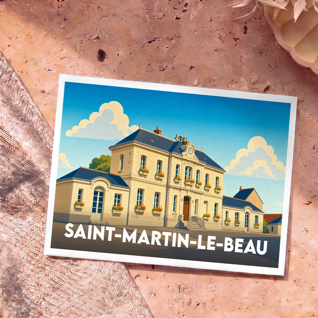 Carte postale souvenir de la ville de Saint-Martin-le-Beau illustrant sa mairie dans un style graphique épuré.
