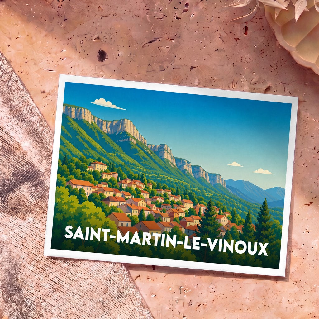 Carte postale souvenir de la ville de Saint-Martin-le-Vinoux avec une illustration stylisée d'un village de montagne.
