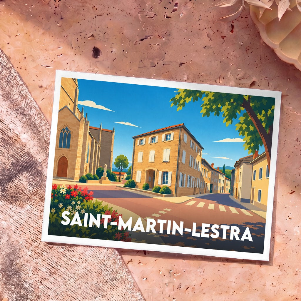 Carte postale souvenir de la commune de Saint-Martin-Lestra avec une illustration stylisée de ses bâtiments en pierre et de son église.