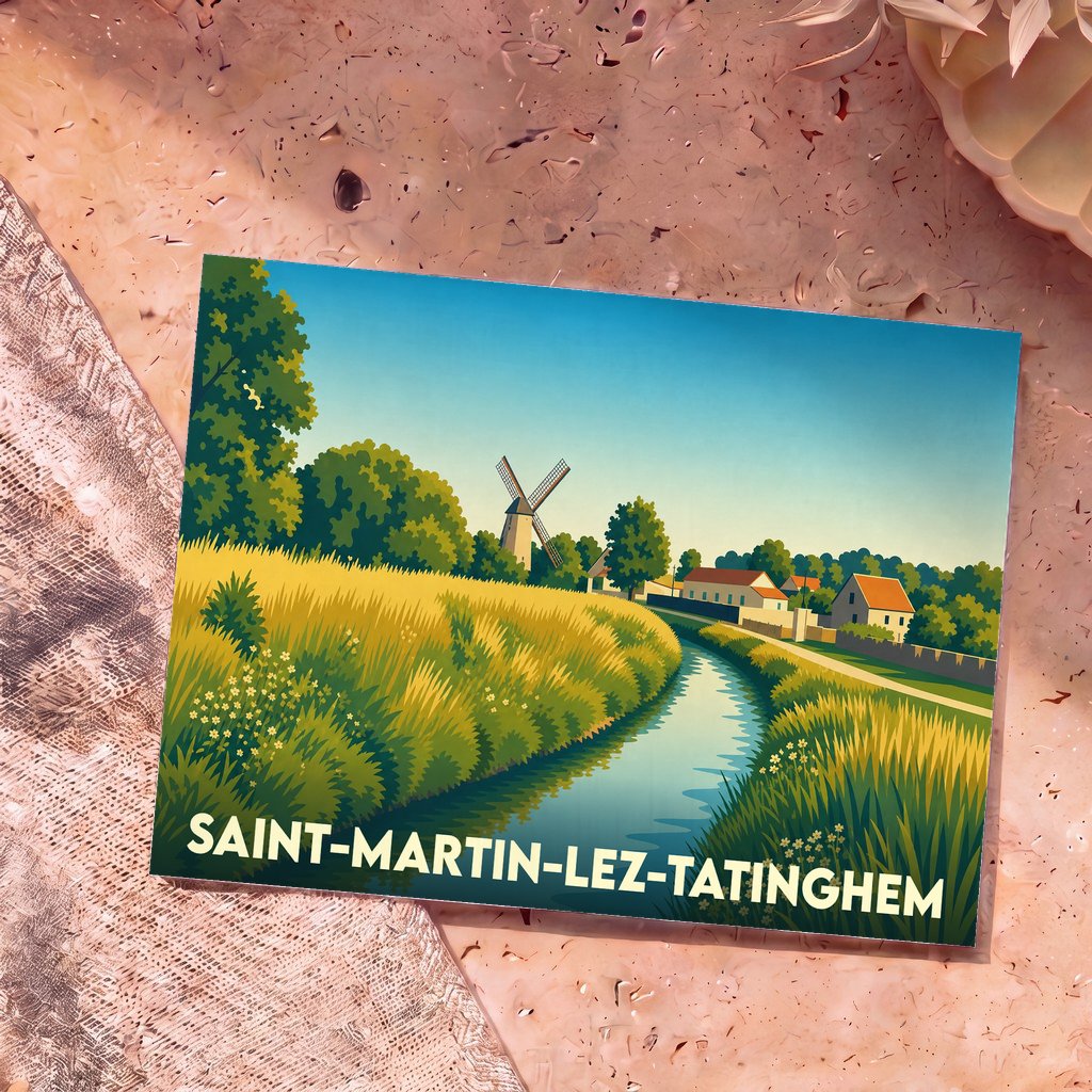 Carte postale souvenir de la ville de Saint-Martin-lez-Tatinghem avec une illustration stylisée d'un paysage bucolique.