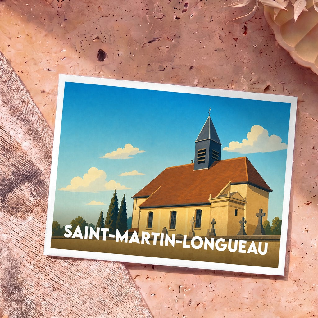Carte postale souvenir de la ville de Saint-Martin-Longueau avec une illustration stylisée de son église.