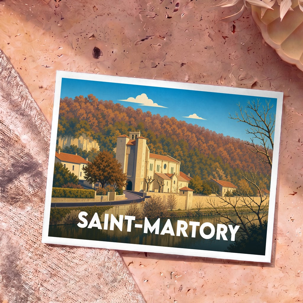 Carte postale souvenir de la ville de Saint-Martory avec une illustration stylisée de son église et de ses paysages arborés.