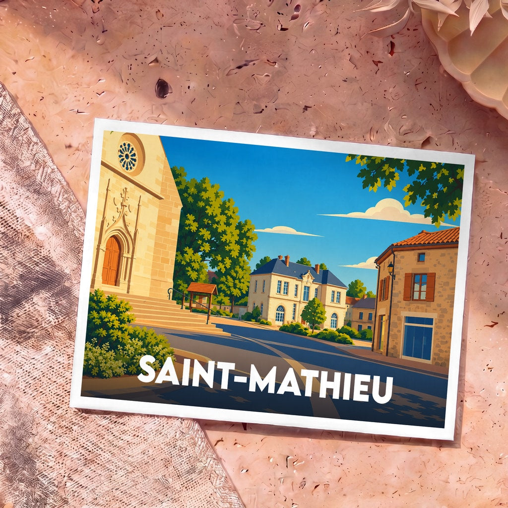 Carte postale souvenir de Saint-Mathieu illustrant son église et ses maisons typiques dans un style graphique épuré.