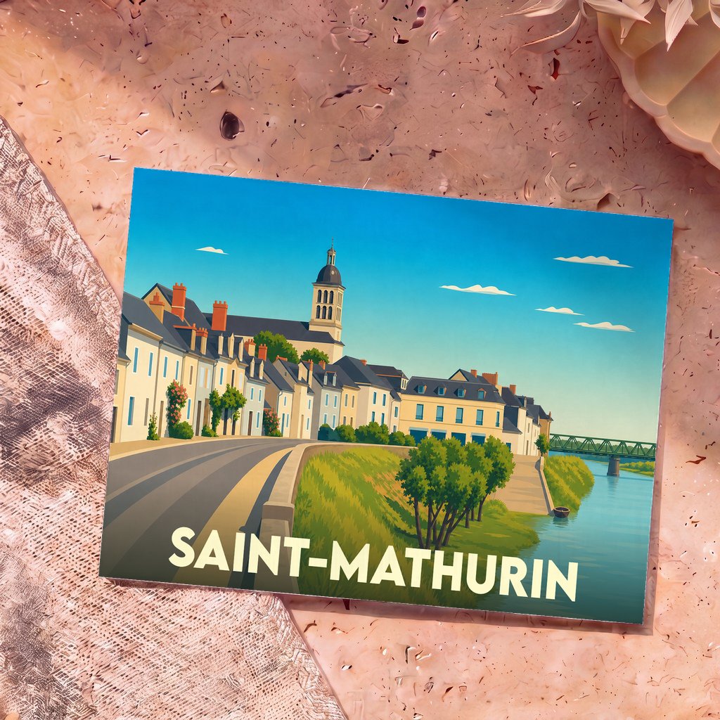 Carte postale souvenir de la ville de Saint-Mathurin avec une illustration stylisée des bords de Loire.
