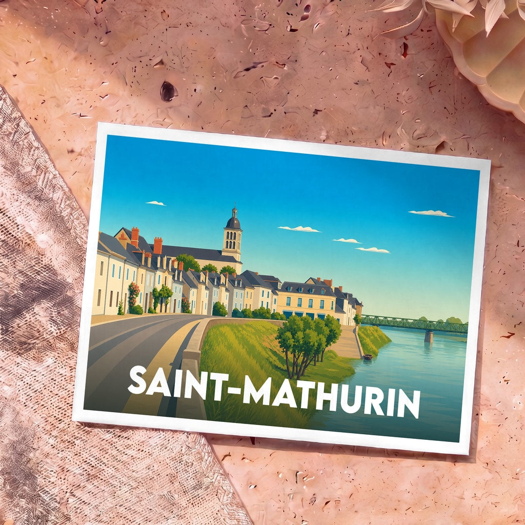 Carte postale souvenir de la ville de Saint-Mathurin avec une illustration stylisée des bords de Loire.