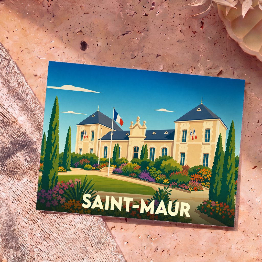 Carte postale souvenir de la ville de Saint-Maur avec une illustration stylisée de son hôtel de ville.