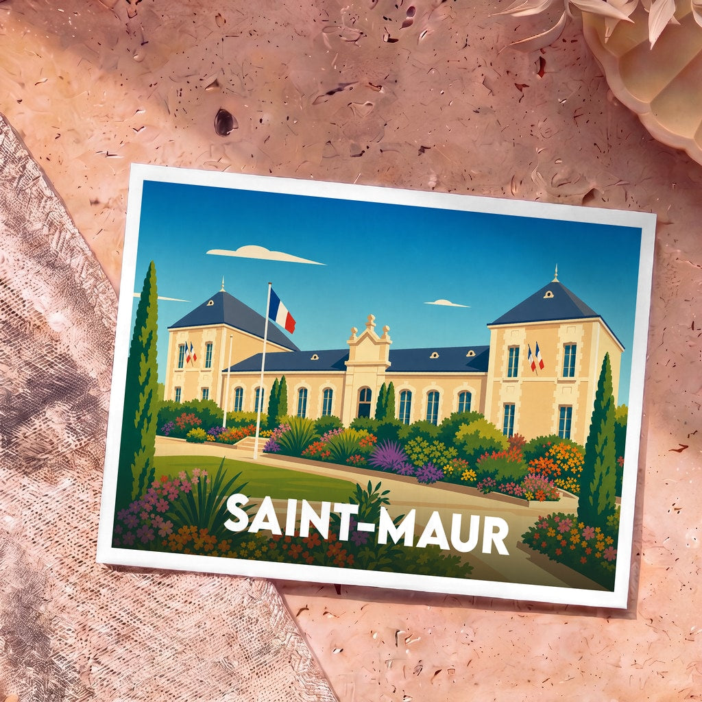 Carte postale souvenir de la ville de Saint-Maur avec une illustration stylisée de son hôtel de ville.