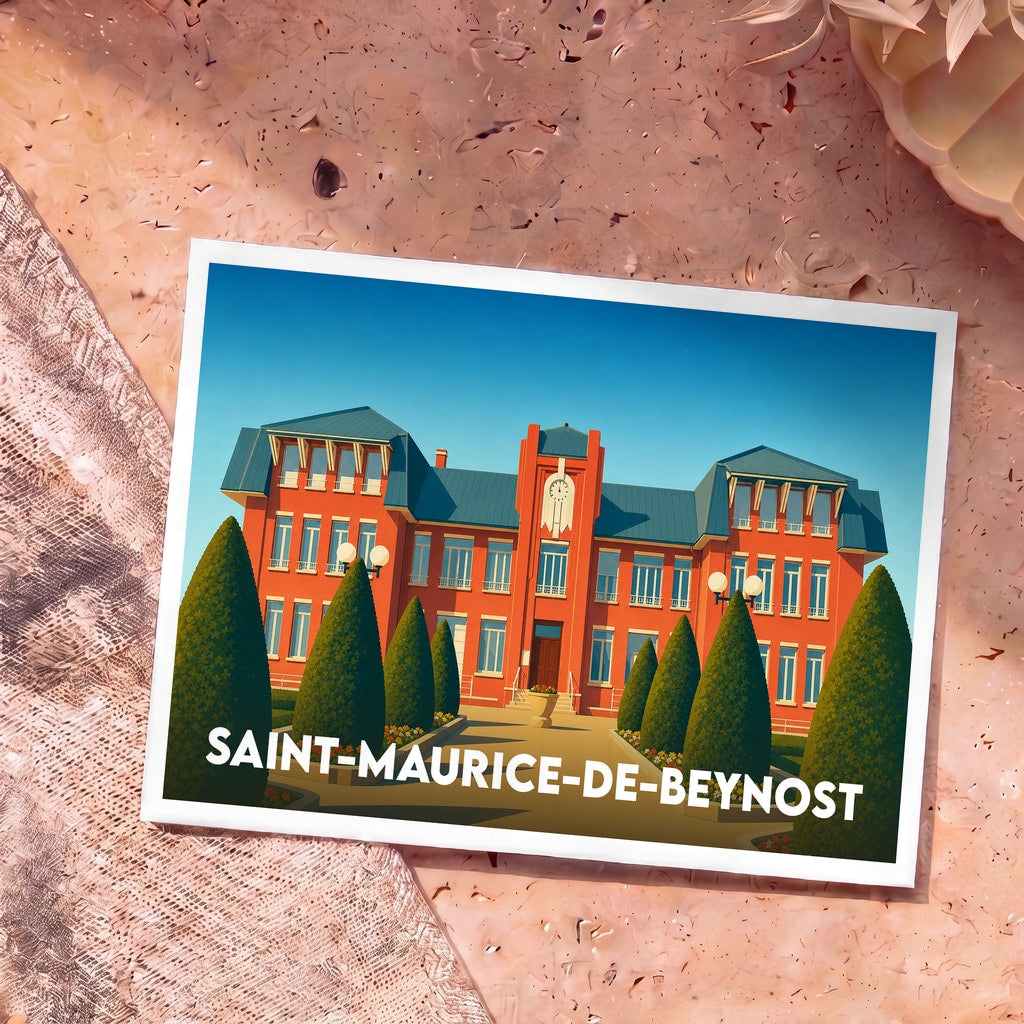 Carte postale souvenir de la ville de Saint-Maurice-de-Beynost avec une illustration stylisée de sa mairie.