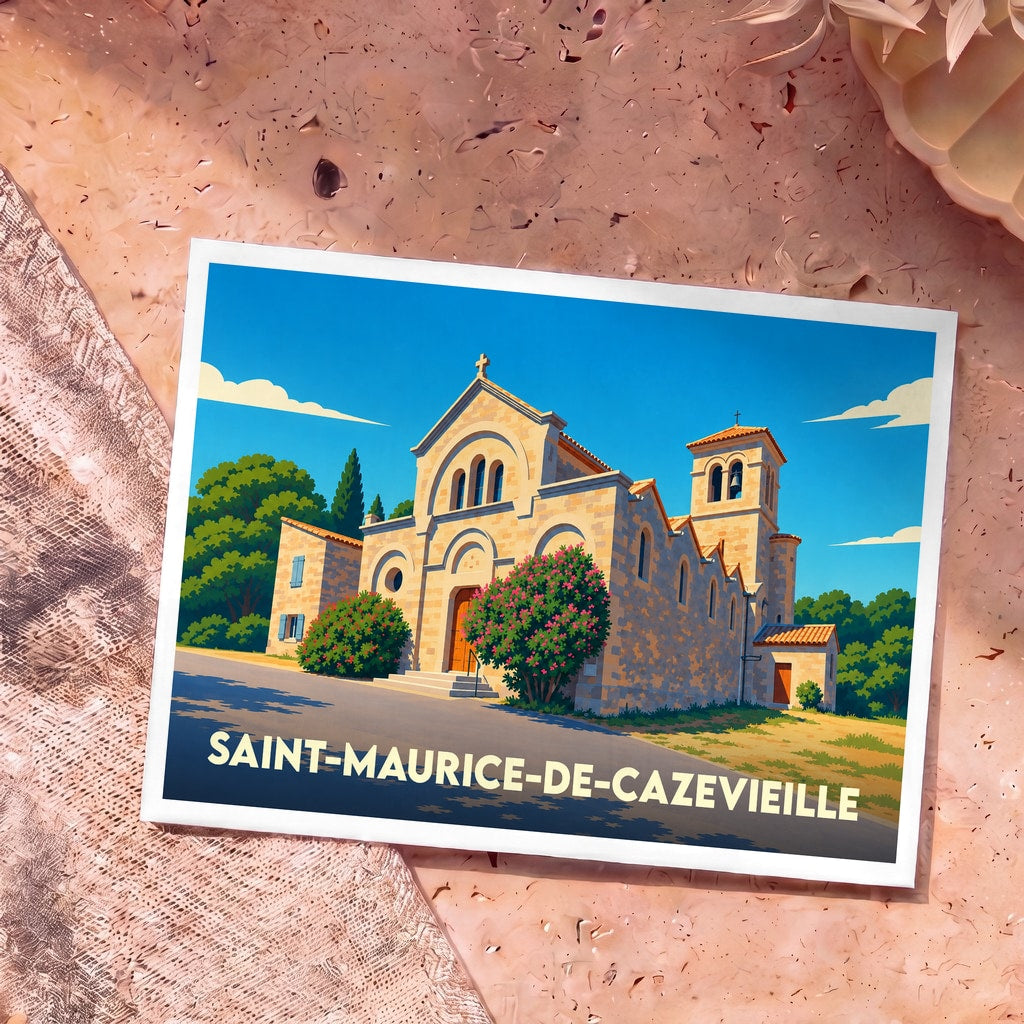 Carte postale souvenir de la ville de Saint-Maurice-de-Cazevieille avec une illustration stylisée de son église.