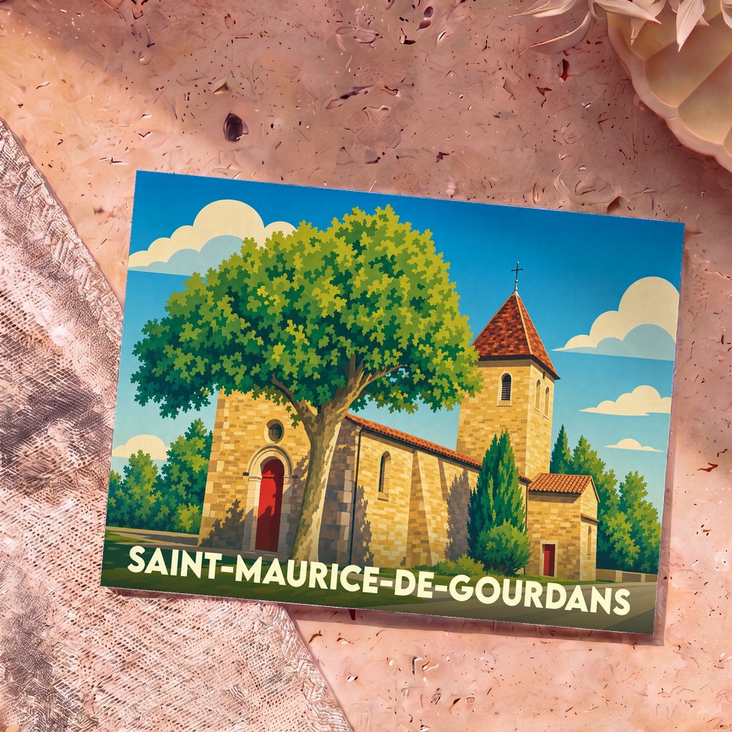 Carte postale souvenir de la ville de Saint-Maurice-de-Gourdans avec une illustration stylisée de son église et d'un grand arbre.