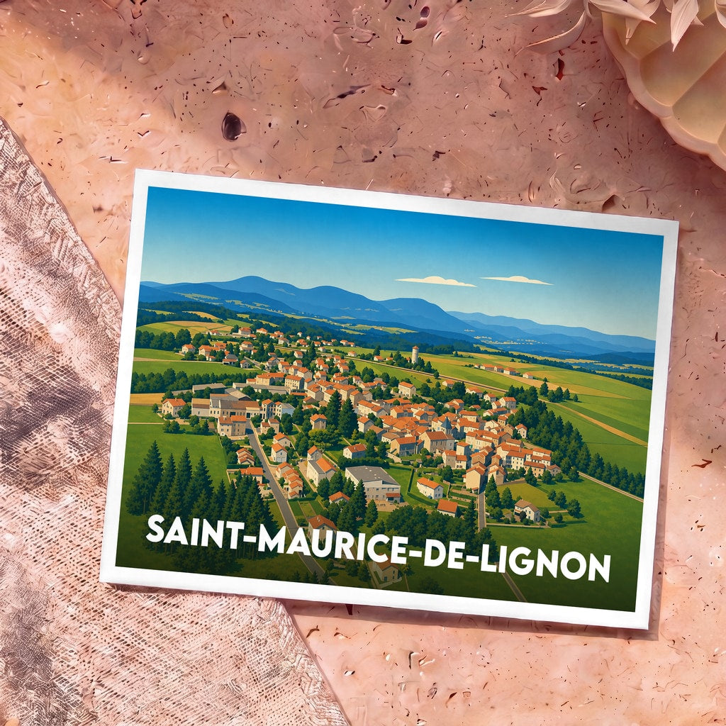 Carte postale souvenir de la ville de Saint-Maurice-de-Lignon avec une illustration panoramique stylisée.