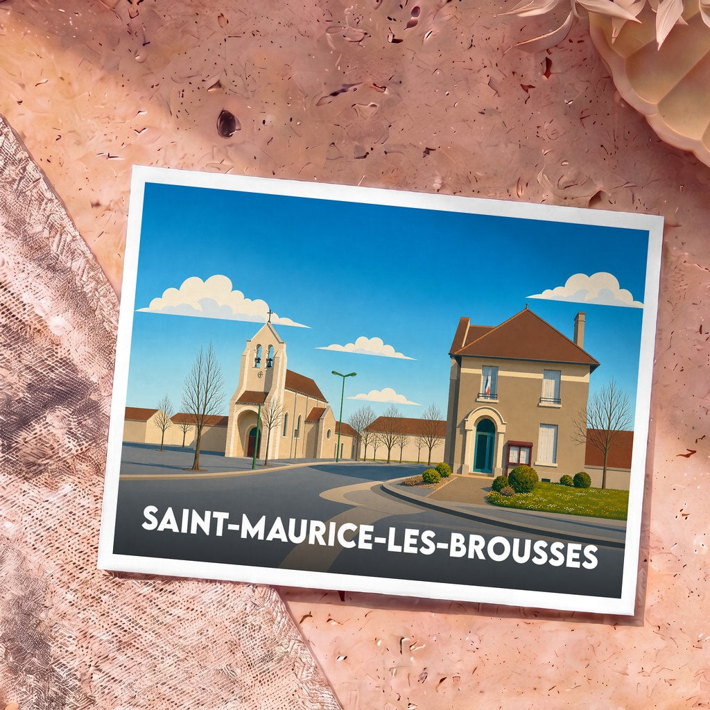 Carte postale souvenir de la ville de Saint-Maurice-les-Brousses avec une illustration stylisée de son église et de sa mairie.
