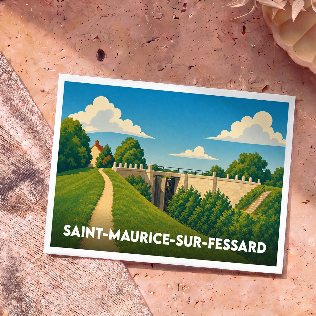 Carte postale souvenir de la ville de Saint-Maurice-sur-Fessard illustrant un paysage de canal stylisé.