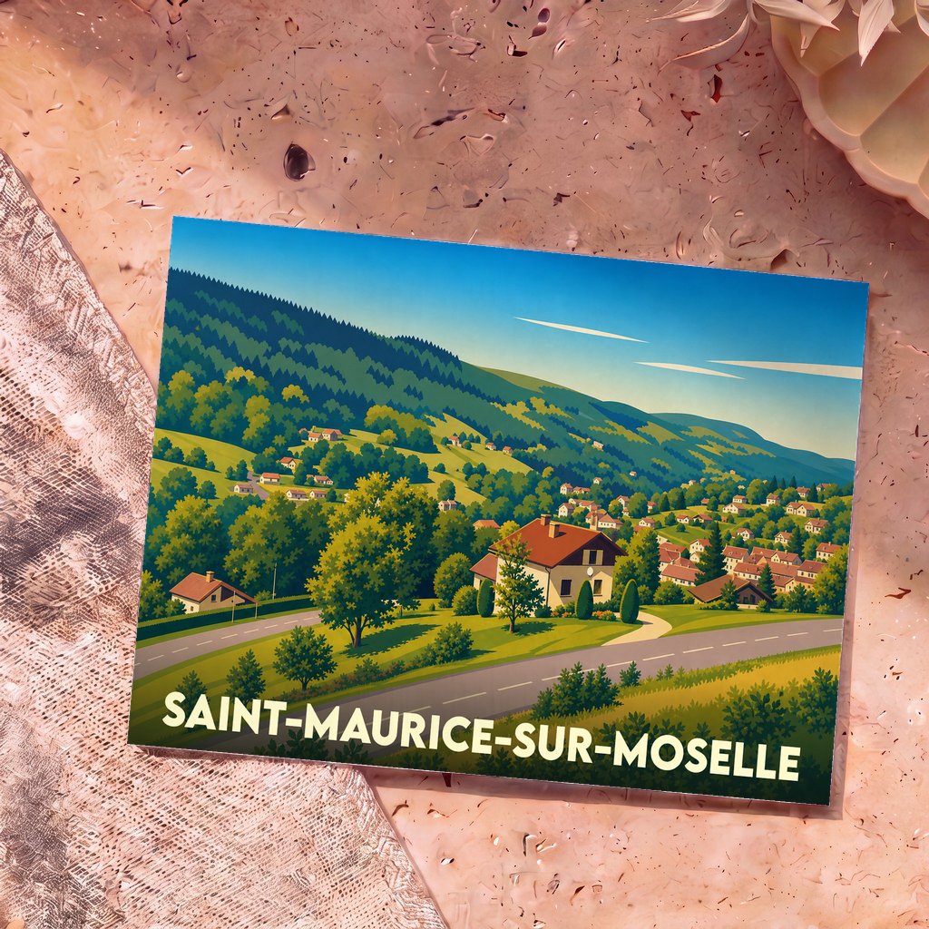 Carte postale souvenir de la ville de Saint-Maurice-sur-Moselle avec une illustration stylisée de son paysage montagneux.