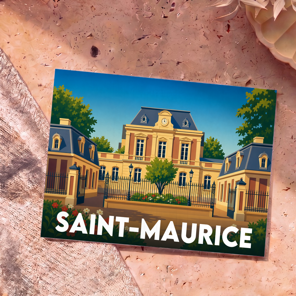 Carte postale souvenir de la ville de Saint-Maurice avec une illustration stylisée de son hôtel de ville.