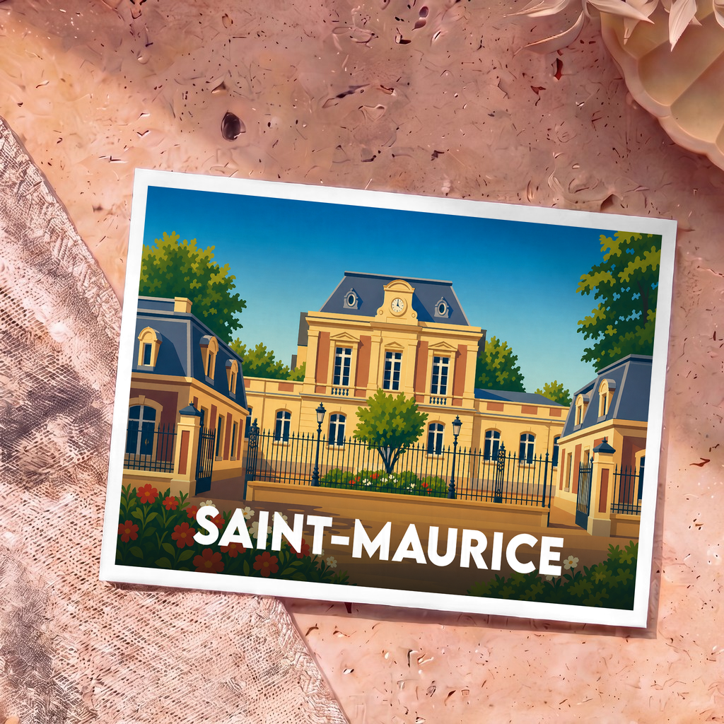 Carte postale souvenir de la ville de Saint-Maurice avec une illustration stylisée de son hôtel de ville.