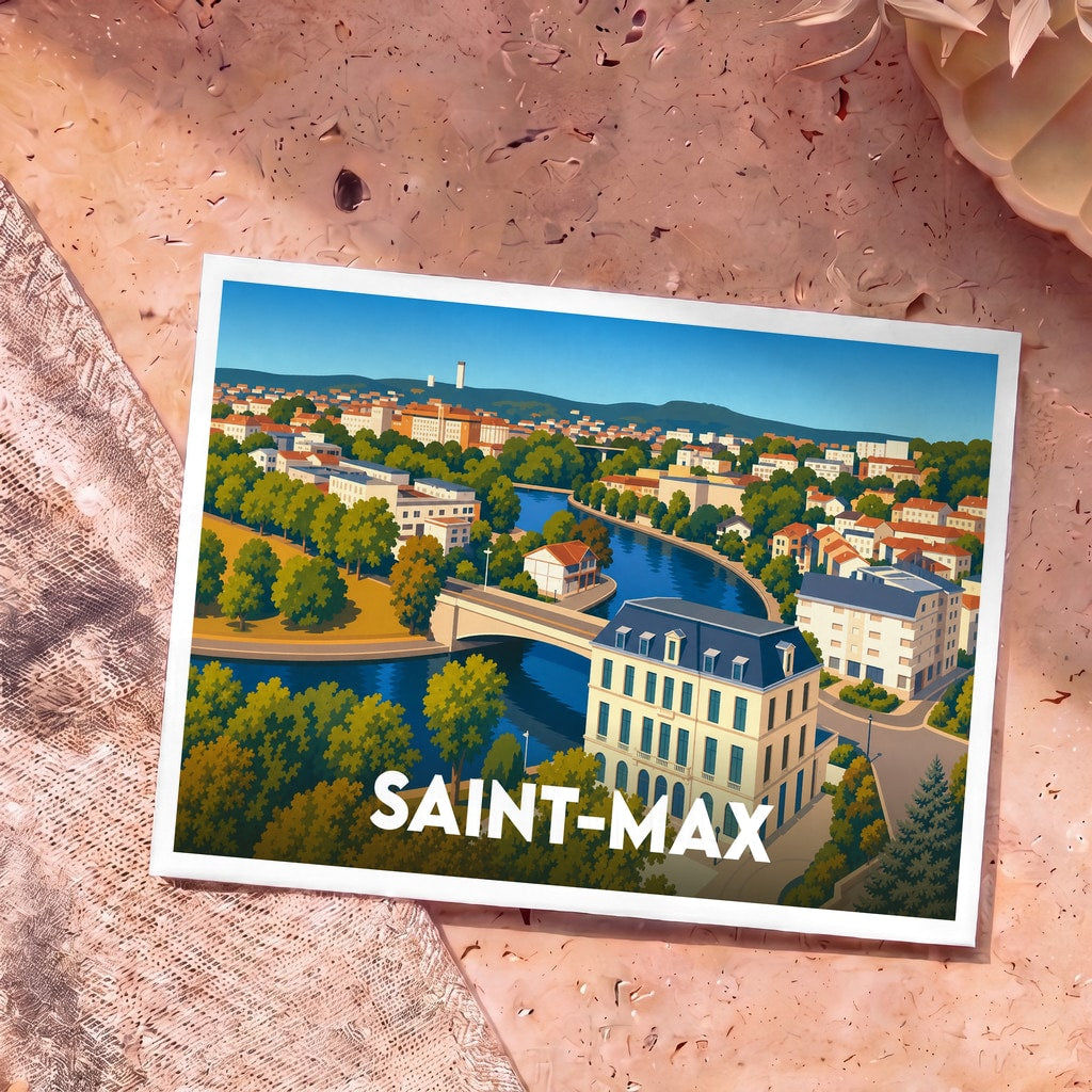 Carte postale souvenir de la ville de Saint-Max avec une illustration stylisée.