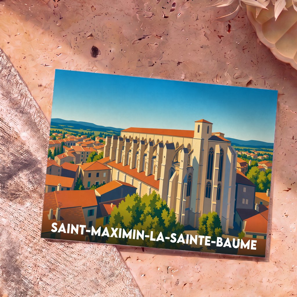 Carte postale souvenir de la ville de Saint-Maximin-la-Sainte-Baume avec une illustration stylisée de sa basilique.