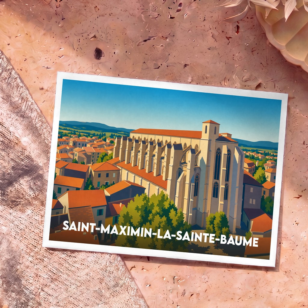 Carte postale souvenir de la ville de Saint-Maximin-la-Sainte-Baume avec une illustration stylisée de sa basilique.