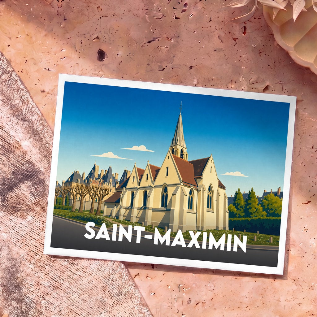 Carte postale souvenir de la ville de Saint-Maximin avec une illustration stylisée de son église sous un ciel bleu.
