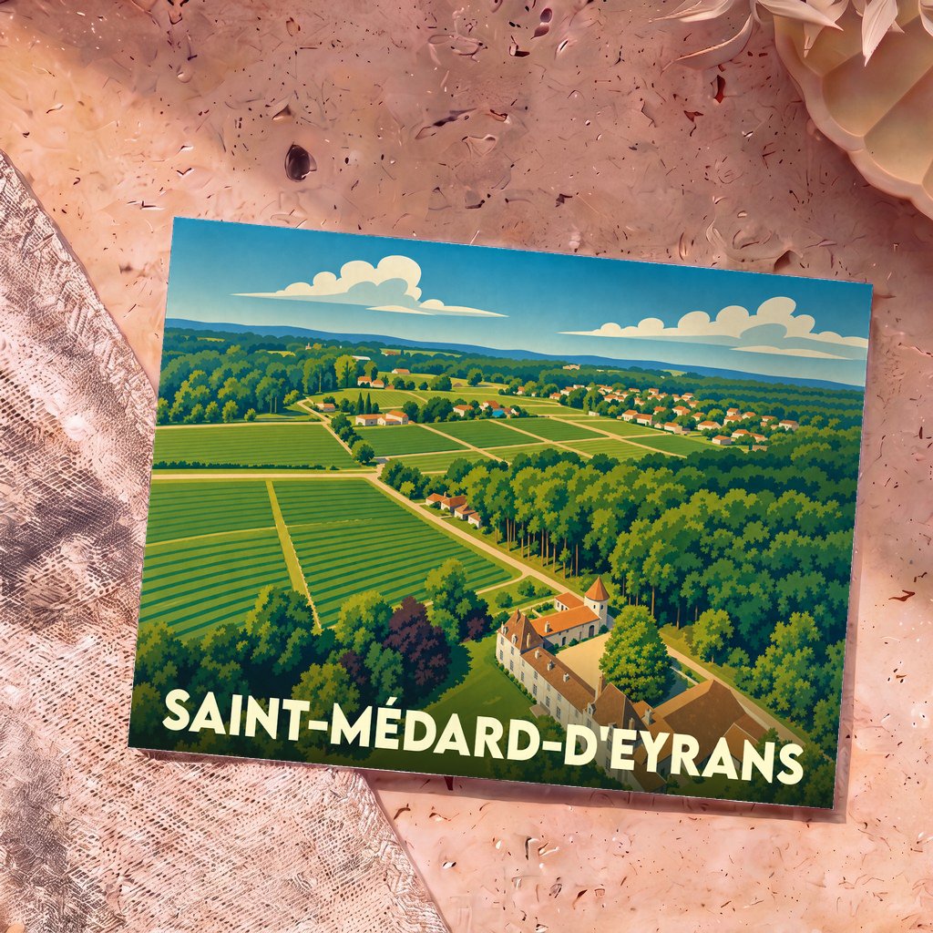 Carte postale souvenir de la ville de Saint-Médard-d'Eyrans avec une illustration stylisée de son paysage rural et de son château.