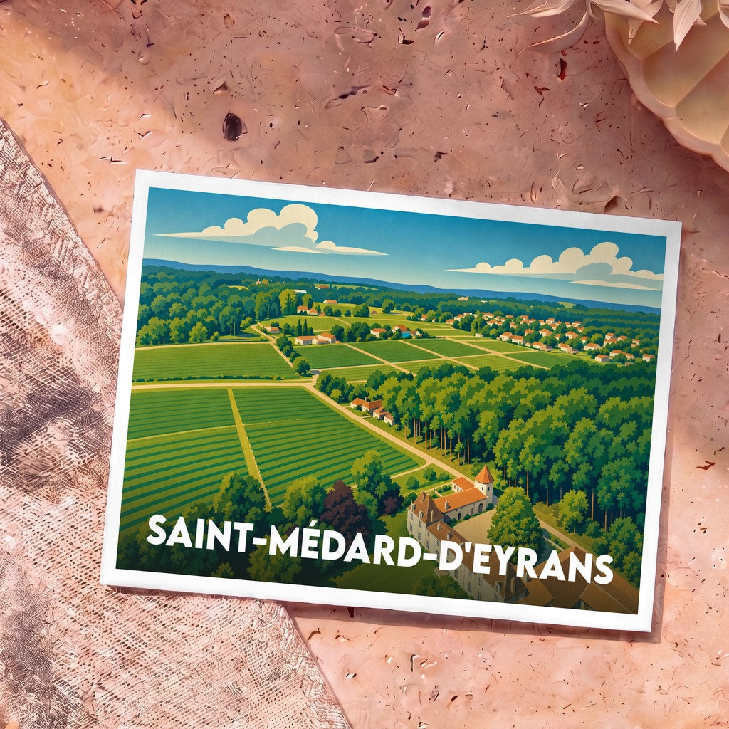 Carte postale souvenir de la ville de Saint-Médard-d'Eyrans avec une illustration stylisée de son paysage rural et de son château.