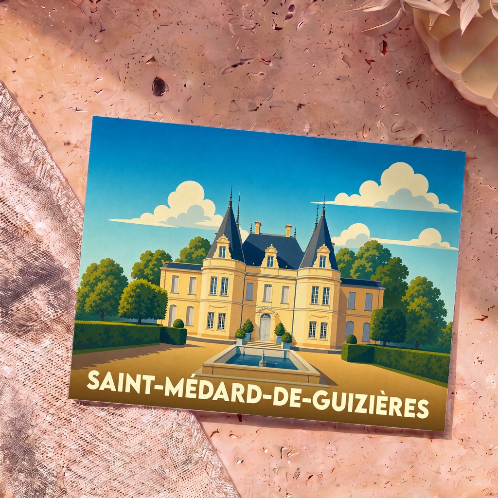 Carte postale souvenir de la ville de Saint-Médard-de-Guizières avec une illustration stylisée d'un château.